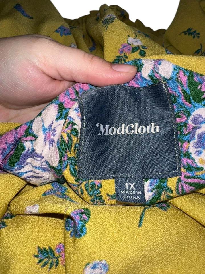 ModCloth Yellow Blue Roses Floral Lively Identity Mod Housewife A-Line Dress 1X - Image 4 of 4