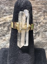 GOLD TONE WIRE WRAPPED RAW CLEAR QUARTZ CRYSTAL RING NEW SIZE 7 ADJUSTABLE