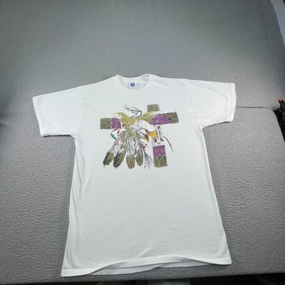 Vintage Native American Eagle Shirt Mens Large White Russell Athletic USA 90s