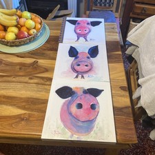 Three Piggy Paintings On Canvas Signed by Artist  🧑‍🎨 12in by 12in 