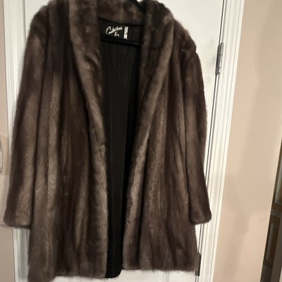 Constantine s Mink Furs  Dark Gray Coat Mid-Length Shawl Collar Fur Trim 
