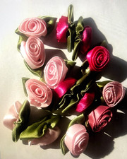 Lot of 15 Dark Light Pink Red Satin RIBBON ROSES Rosebud Craft Sewing Millinery
