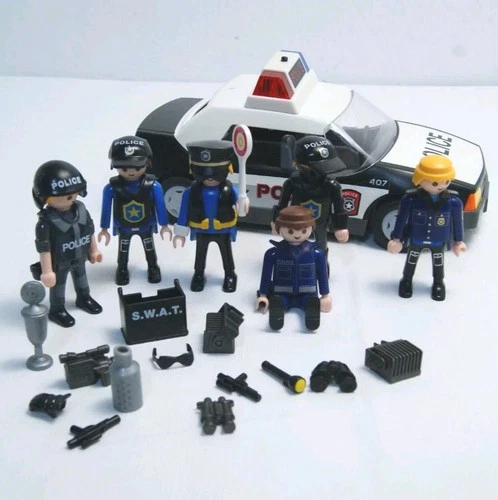 Vintage Geobra Playmobil 5915 Police Car + Accessories & 6 Police Figures READ