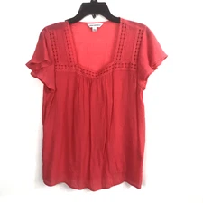 Counterparts Women's Square Neck Solid Coral Lace Accent Short Flutter Sleeve L