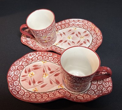 Temptations By Tara Old World Red Snack Lunch Plates Matching Cups Set of 2