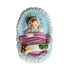 Enesco Baby in Basket Figurine 1987 Ceramic Porcelain Decorative Giftware