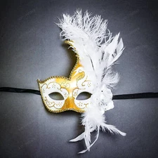 Venetian Half Moon Masquerade Ball Dance Party Women Feather Mask - Gold White