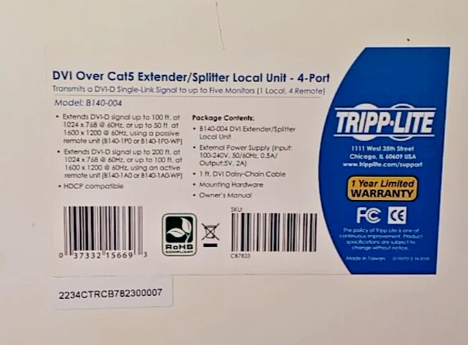 Tripp Lite 4-Port DVI over Cat5 / Cat6 Extender Splitter, Video Transmitter /NEW - Image 3 of 4