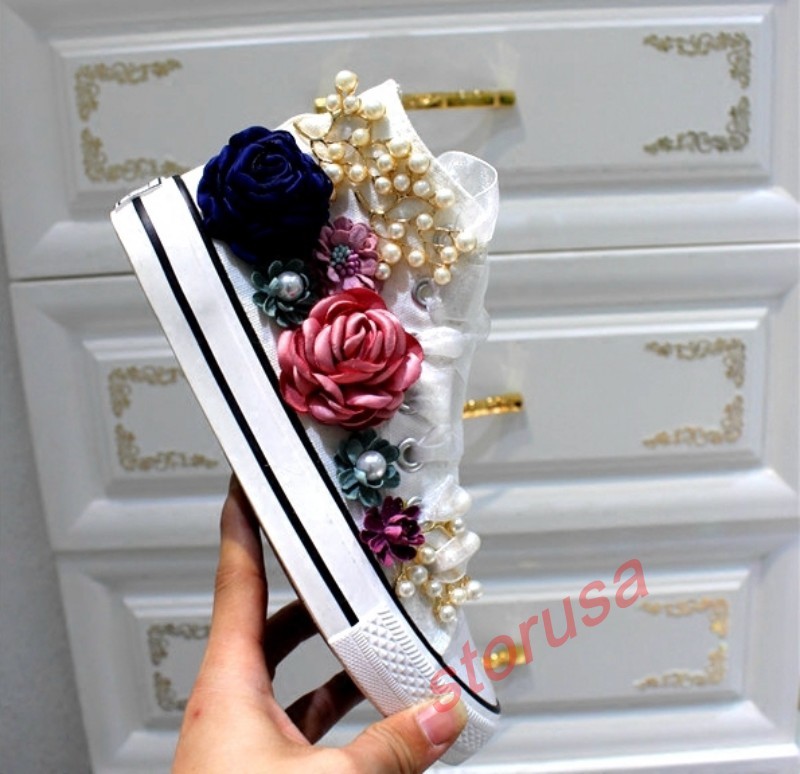 Ladies Vogue Pearls Flower High Top Casual Cnvas shoes Lace UP Canvas Sneaker Sz Ladies Vogue Pearls Flower High Top Casual Cnvas shoes Lace UP Canvas Sneaker Sz