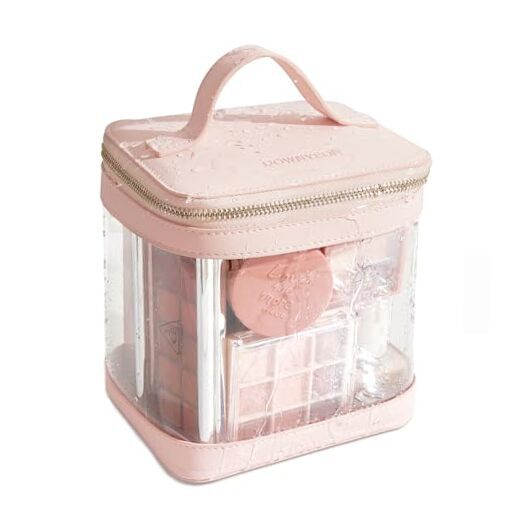 ROWNYEON Clear Makeup Bag, Travel Toiletry Bag Transparent Pink with Handle