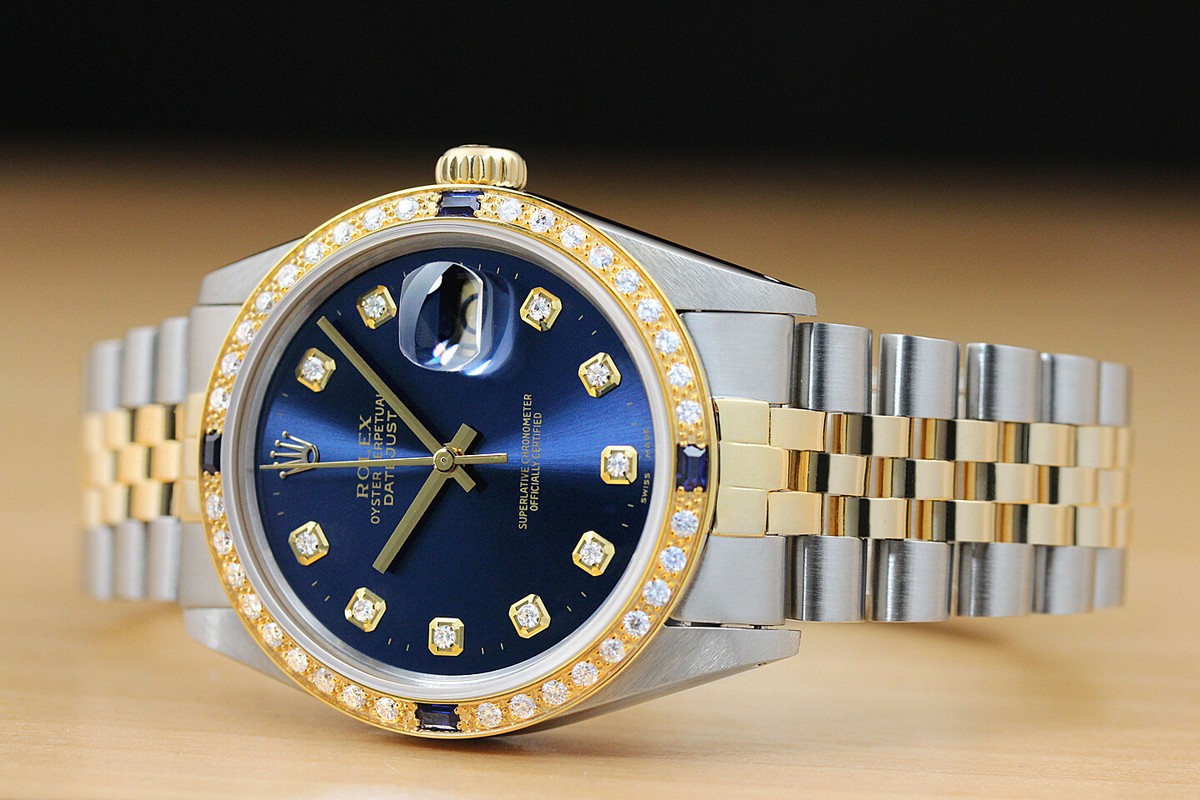 MENS ROLEX DATEJUST 16013 QUICKSET 2TONE BLUE DIAMOND SAPPHIRE 18K