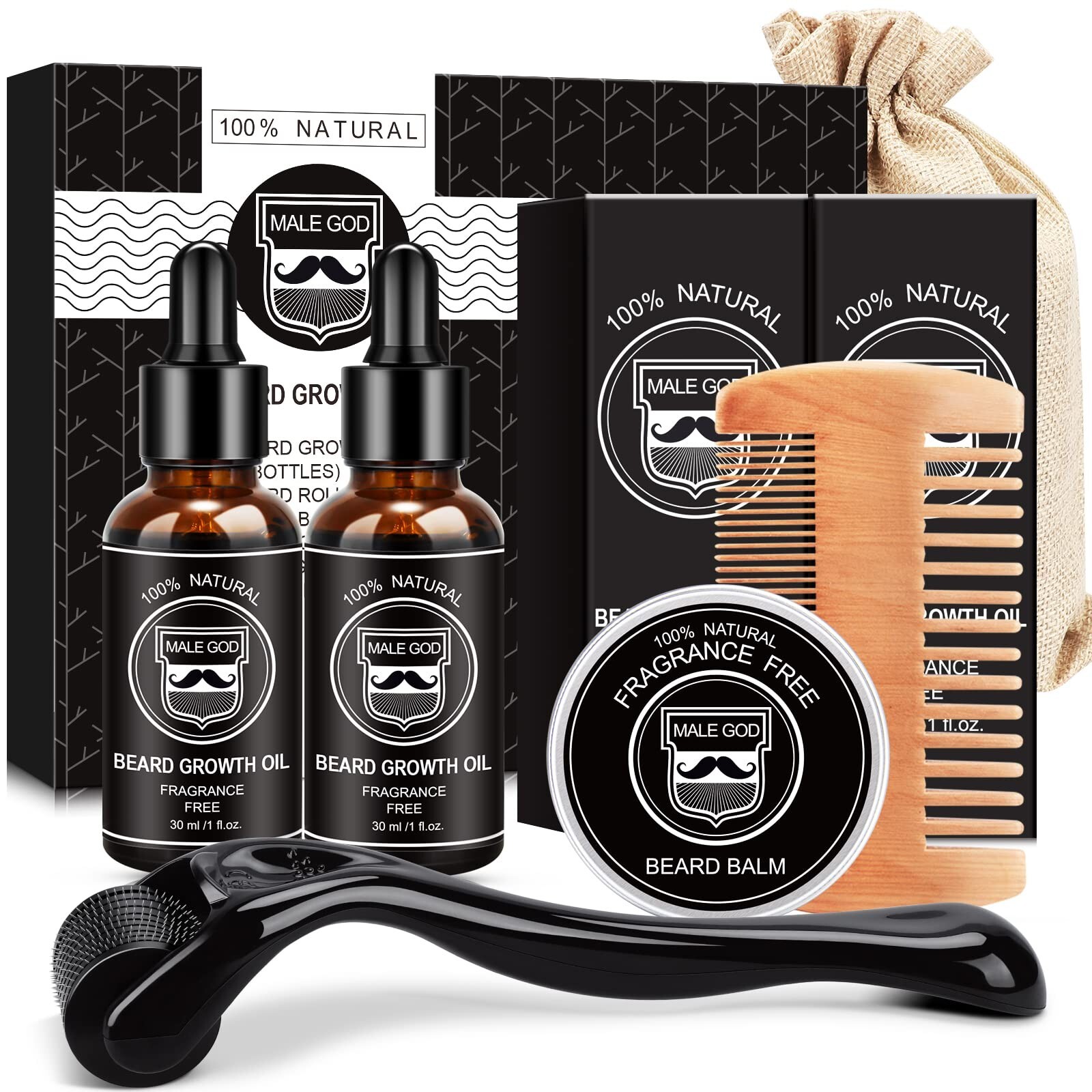 MALE GOD Beard Growth Kit, Beard Kit W/Beard Growth Oil, Balm, Comb, Massager...