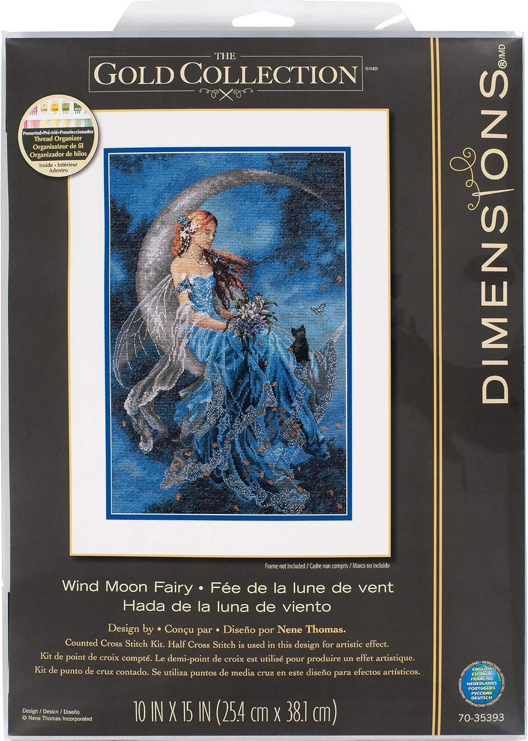 70-35393 Wind Moon Fairy Gold Cross Stitch Kit, 16 Count Grey Aida