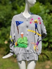 COLORFUL APPLIED VINTAGE 1980  S SPORTING THEME NOVELTY SWEATSHIRT JACKET 