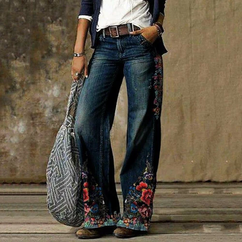 Women Ladies Floral Denim Jeans High-Waist Bell-bottom Wide Leg Street Pants - Picture 10 of 14