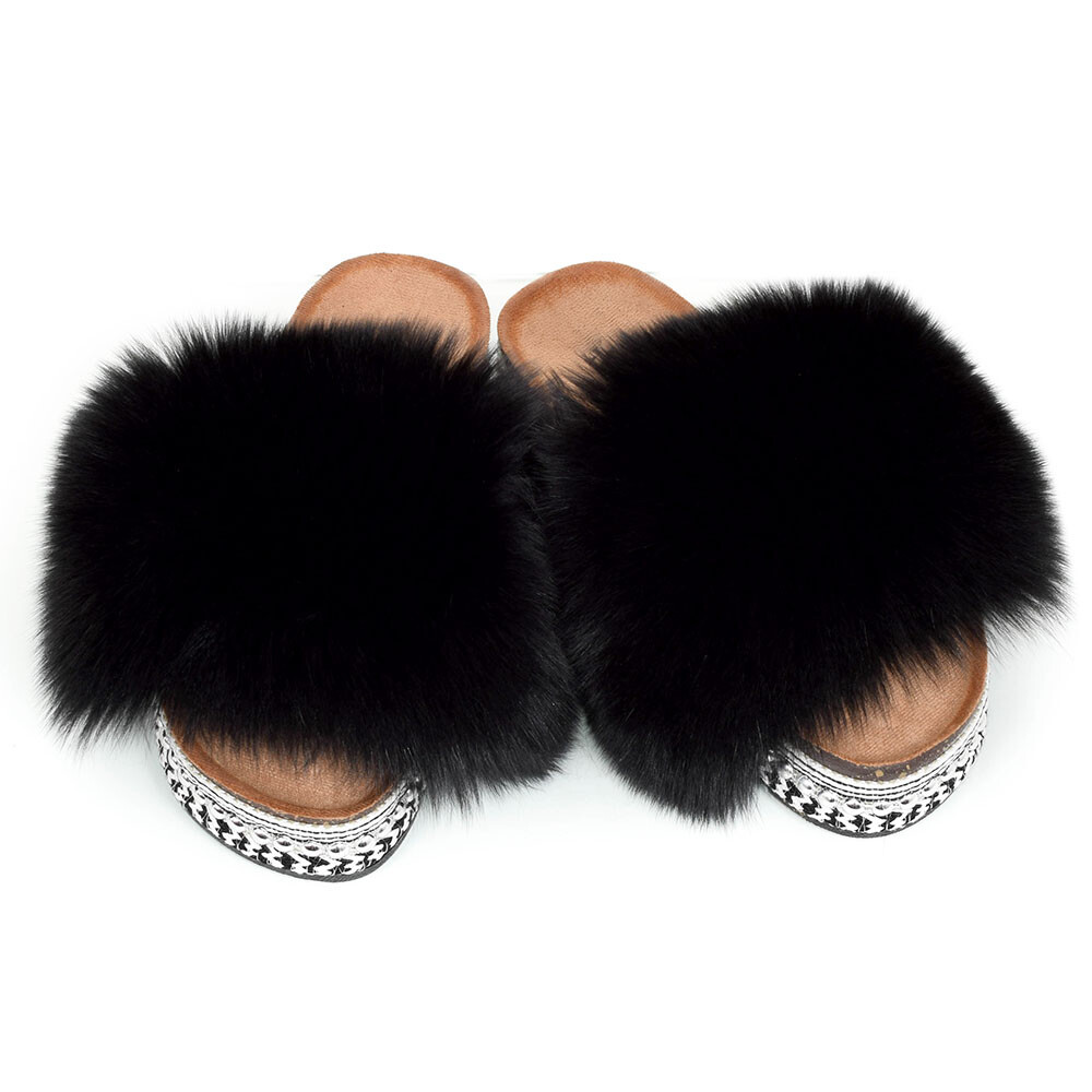 SAOLA Sandali plateau con pelliccia di volpe nera e rivetti suola alta con pelliccia