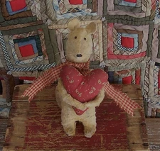 Primitive Mouse Doll & Antique Quilt Heart Farmhouse Decor Handmade Artisan Made