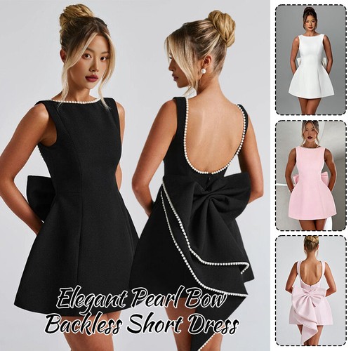Elegant Pearl Bow Women Backless Short Dress Sleeveless Party Chic Mini Dress - Picture 3 of 21