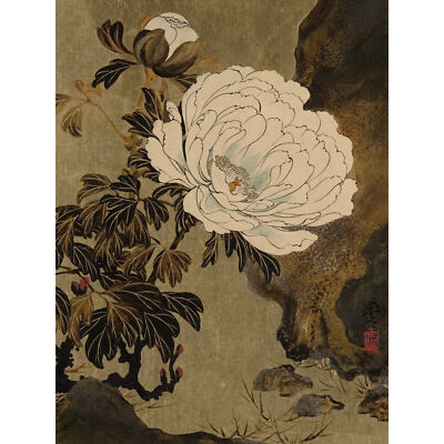 Zeshin Pfingstrosen Blume Japanisches Lack Gemälde XL Wandbild Leinwanddruck