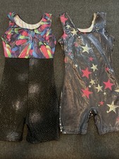 2 Girls Gymnastics Leotard Size 150 Sparkly Black Starry Biketard Unitard Shorts