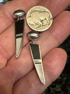 Vntg Native Navajo Sterling M.O.P. Black Onyx Dangle Earrings Signed Harmony K
