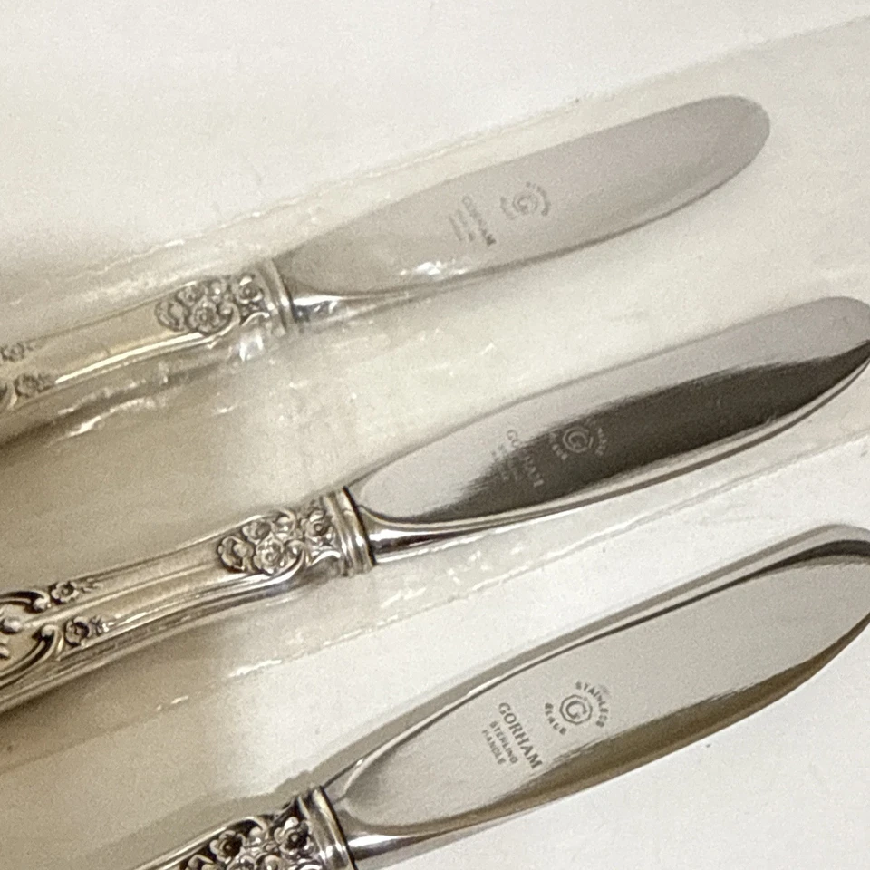 "Juego de 3 esparcidores de cuchillos de mantequilla de plata esterlina Gorham Buttercup sin monograma 6""" Foto 3 de 4