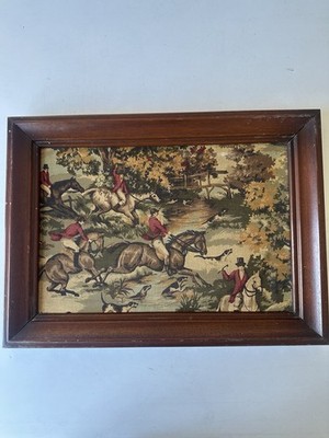 VINTAGE englische Fuchsjagdszene Reiten rote Mäntel gerahmt gespannte Leinwand