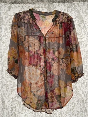 Fig & Flower Cecilia Mixed Print Cheetah Animal Floral Sheer Boho Blouse M