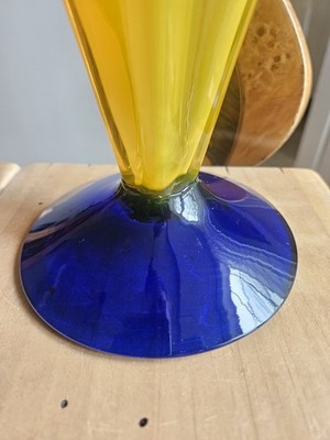 【希少】Vintage Blenko Art Glass アメリカビンテージ Vintage Blenko Yellow and Blue Fan Art Glass Vase Signed Richard