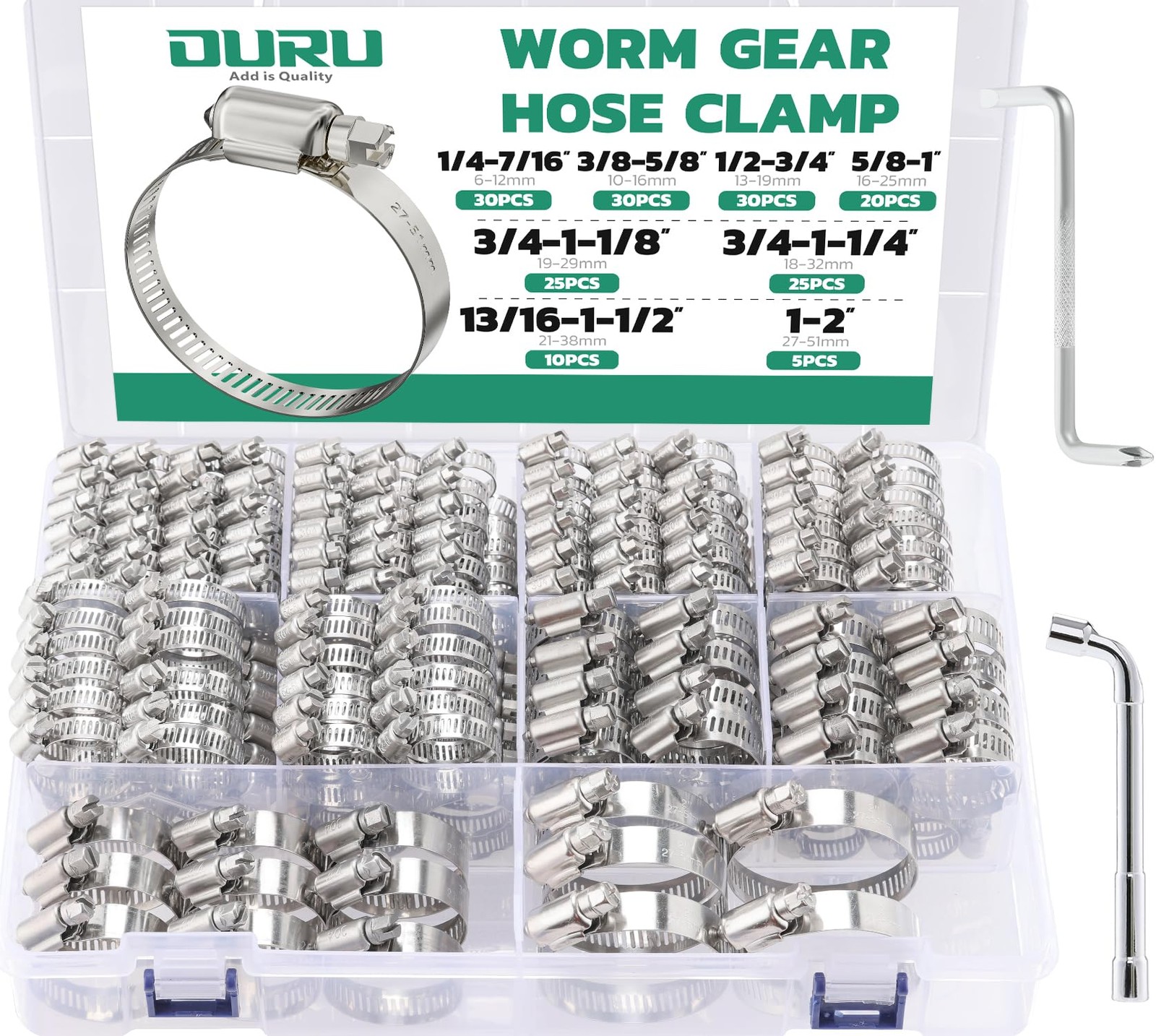 OURU 175PCS Hose Clamps Stainless Steel Assortment Adjustable 1/4-26-51mm Wor...