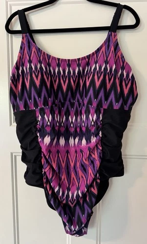 Ava & Viv Swimsuit Womens 22W Black One Piece Bathing Suit Purple Strappy Back