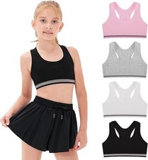 Girls First Bra 4 Pack - Unpadded Soft Cotton Racerback Sports Bras Age 7-14