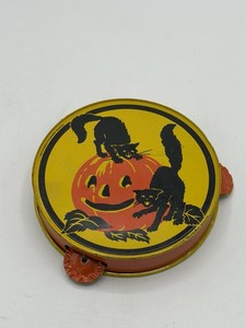 Vintage Kirchhof Tin Halloween Tambourine Noisemaker Jack O Lantern Cats 1930s