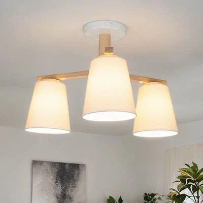 Deckenlampe Weiß Skandinavisch Modern Stoff Holz Flur Wohnzimmer Deckenleuchte - Bild 1 von 4