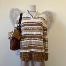 Indie Grunge Granola Girl Brown White Striped Quarter Zip Chenille Sweater Cozy