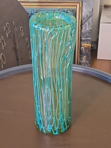 14.4' Murano Style Heavy Art Glass Green Thread Overlay Mid Century Modern Vase