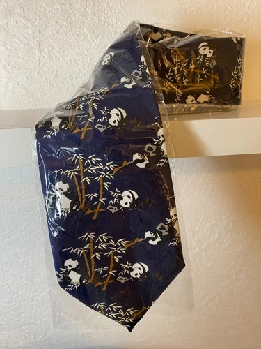 Kailong Handmade 100% Silk Panda Bamboo Necktie Navy Blue NIP China New - product listing photo