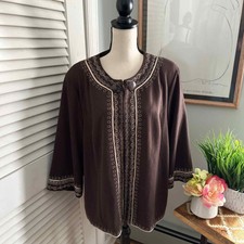 Lily Stanhope Woman Jacket Brown Swing Gold Embroidery Boxy Wide 3/4 Sleeve | 1x
