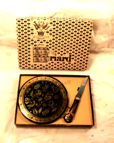Vtg GEORGES BRAIRD Round 6" Ceramic Cheese Plate Board-W/ Knife Brown-Gold-Box - Picture 2 of 17