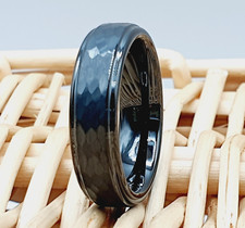 Tungsten Carbide Mens Band Black Hammered Stepped Edge 6mm Tungsten Wedding Ring