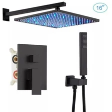 16"Black Rain Shower Combo Kit Set LED Shower Head System Wall Mount Mixer Valve