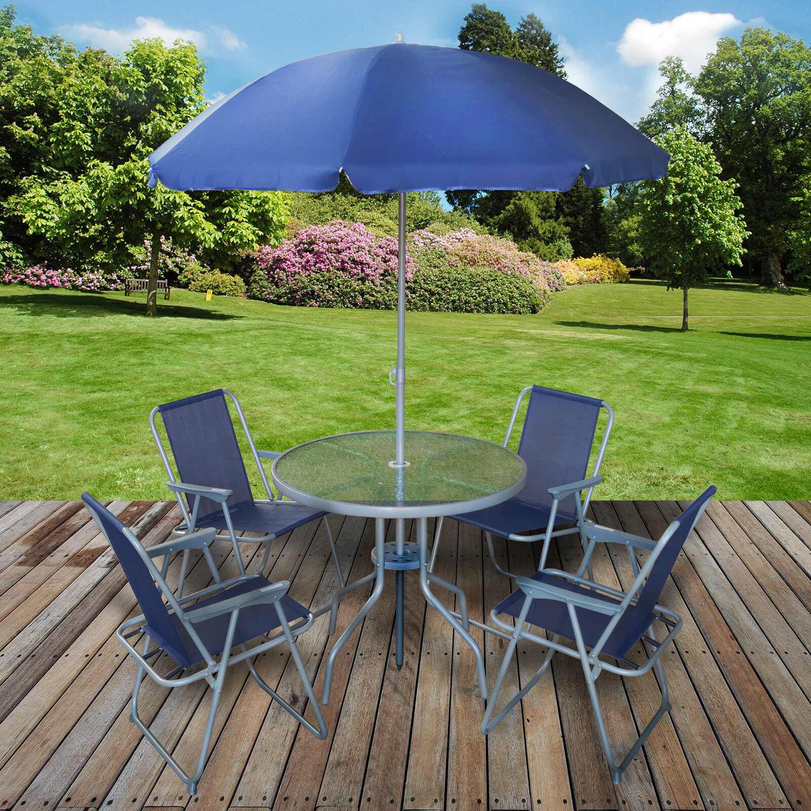 OUTDOOR GARDEN PATIO FURNITURE 6PC SET 4 FOLDING CHAIR ROUND GLASS