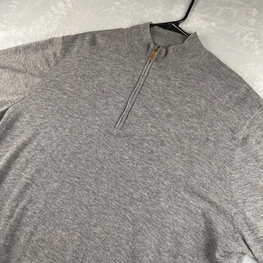 Tom James Sweater Mens XXL Gray 100% Merino Wool 1/4 Zip Pullover Lightweight