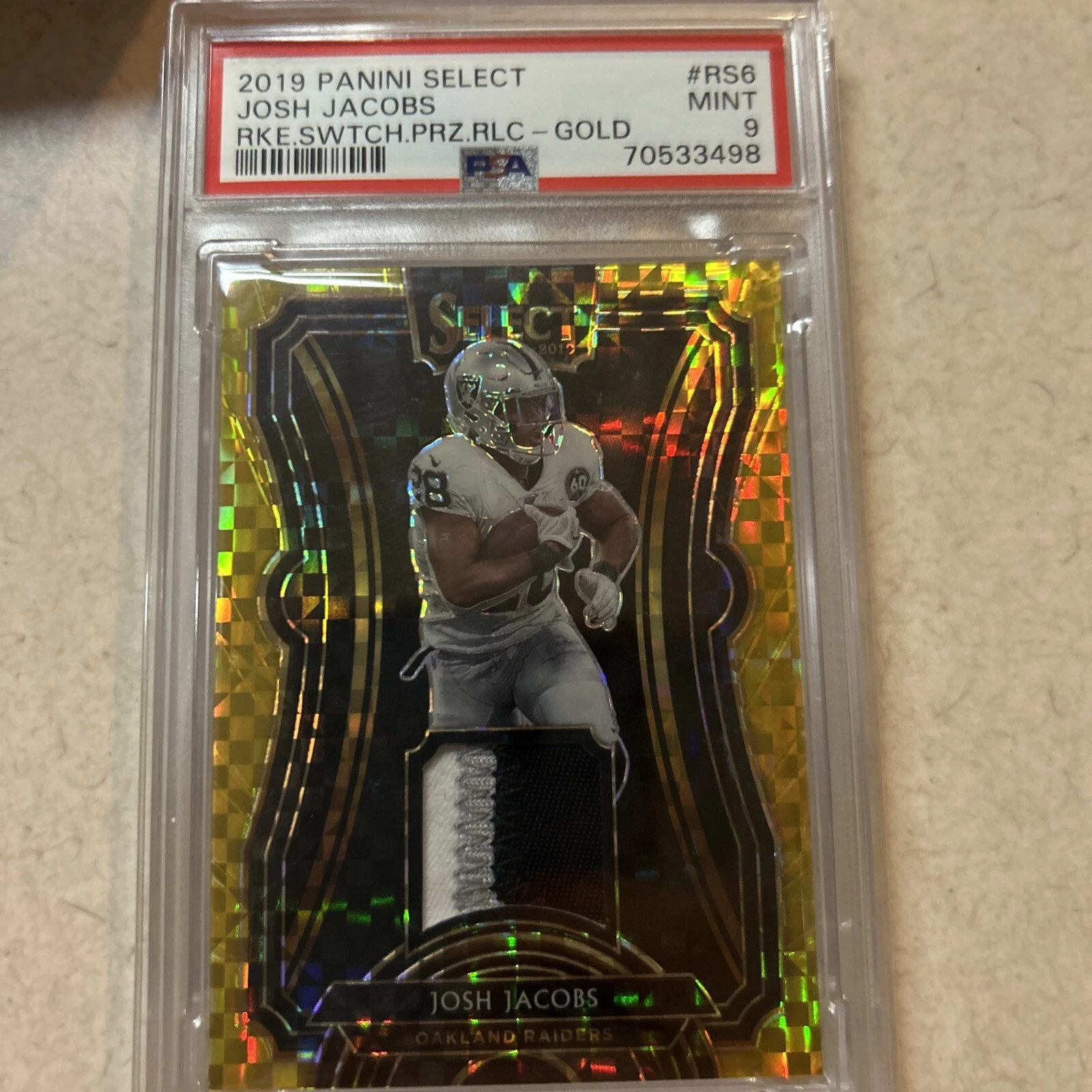 Josh Jacobs Panini Select Rookie Swatches Prizm Relics #RS6 Gold