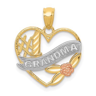 14k Bicolor mit weißem Rhodium #1 Oma Herz Halskette Charm Anhänger