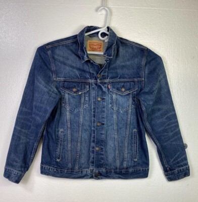 Levis Mens Jean Trucker Jacket XL Blue Denim Distressed Button up Work Western