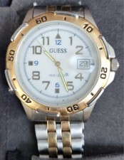 Vintage Guess Watch Men Gold Silver Tone Day Date Round Storage Case Booklet
