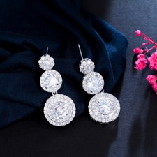 Silver Plated Cubic Zirconia Ladies Round Micro Pave Long Flower Dangle Earrings