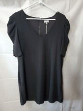 Tobi Women's Short Puff Sleeve Shift Dress Size L Black Zip Lined Button Detail