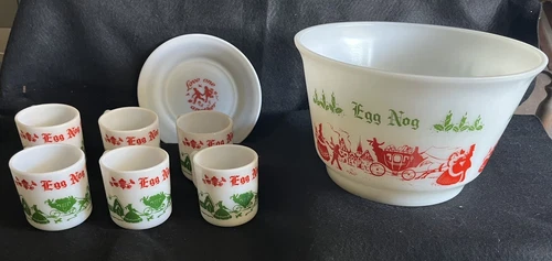 Hazel Atlas Milk Glass Green Red Christmas Punch Egg Nog Bowl 6 Cups Bonus Plate